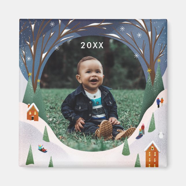 Aimant Snowy Village Winter Scene Photo de Noël (Devant)