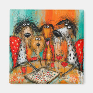Aimant Soirée de jeu de chiens joueurs avec du vin