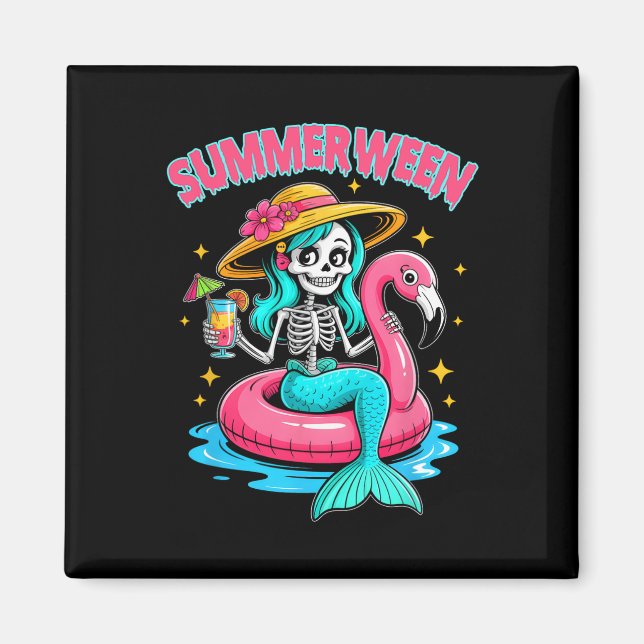 Aimant Somme Flamant rose d'Halloween Mermaid Skeleton Ha (Devant)