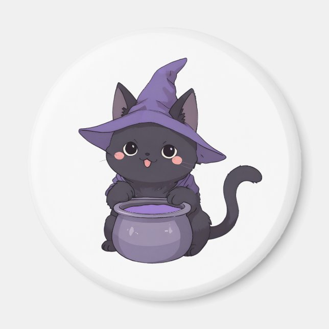 Aimant Sorcière Chat Noir Kawaii Chaudron d'Halloween (Devant)