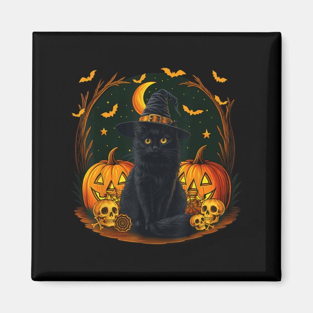 Aimant Sorcière de chat noir rétro Y Halloween Femmes Cit (Devant)