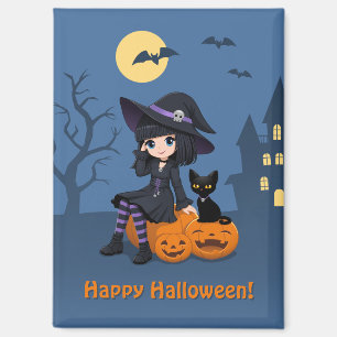 Aimant Sorcière d'Halloween, chat noir et citrouilles inc