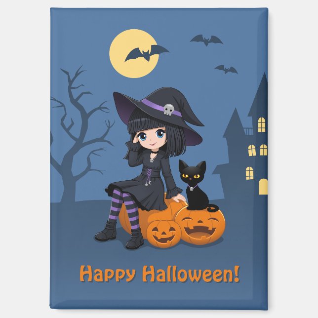 Aimant Sorcière d'Halloween, chat noir et citrouilles inc (Recto)