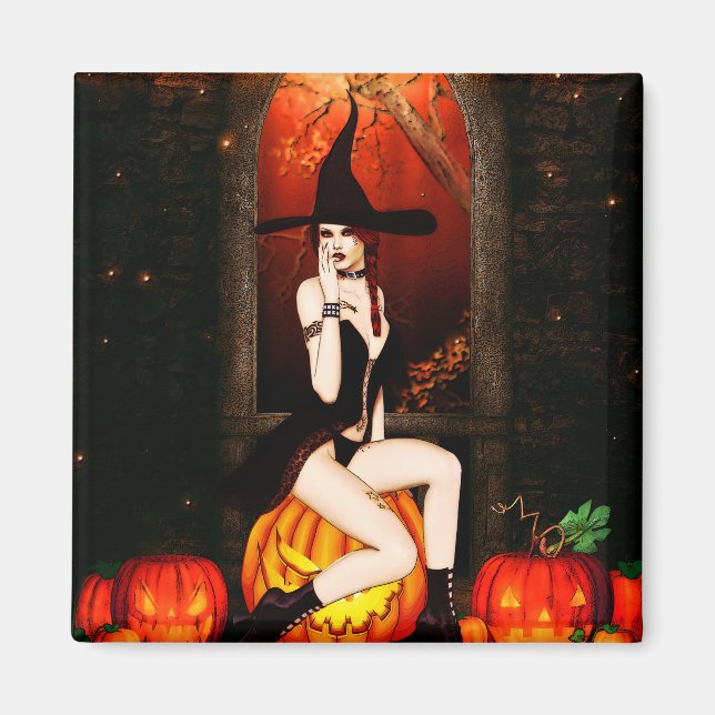 Aimant Sorcière d'Halloween et citrouille (Devant)