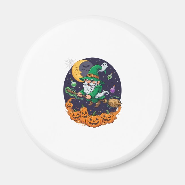 Aimant Sorcière d'Halloween Gnome Balai Citrouilles Lune (Devant)