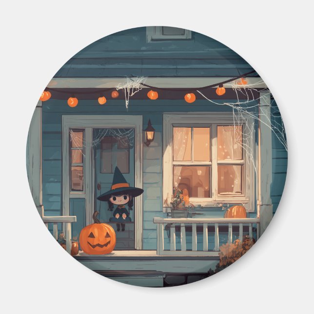 Aimant Sorcière d'Halloween mignonne sur Porche Éffrayant (Devant)