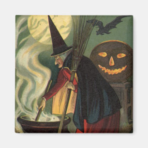 Aimant Sorcière d'Halloween vintage remuant un chaudron m