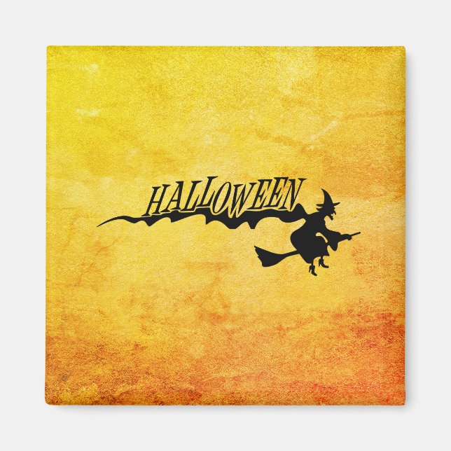 Aimant Sorcière d'Halloween volant sur un balai (Devant)