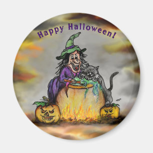 Aimant Sorcière et chat noir, Happy Halloween !