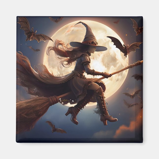 Aimant Sorcière Steampunk Halloween Vol au Clair de Lune (Devant)