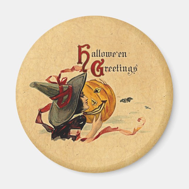 Aimant Sorcière vintage d'Halloween avec rubans rouges (Devant)