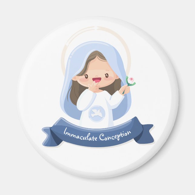 Aimant Sourire Kawaii Vierge Marie avec Fleur - Blanc (Devant)