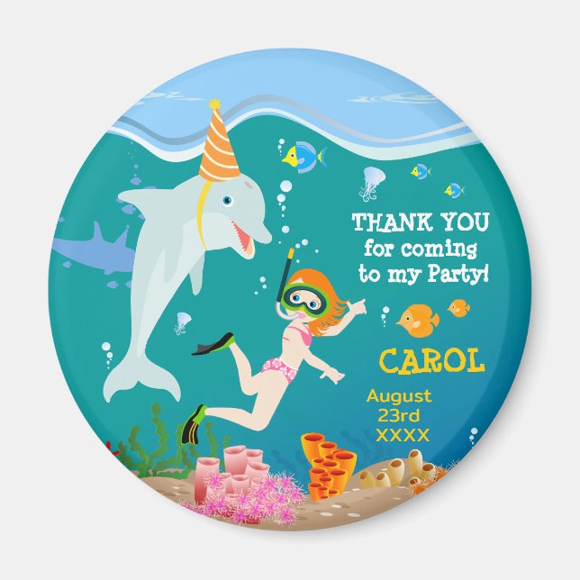 Aimant Sous la mer dauphins et fête d'anniversaire fille (Devant)