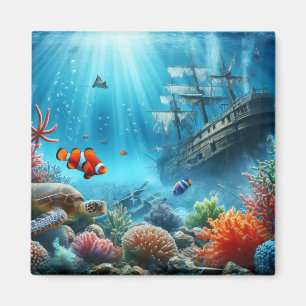 Aimant Sous la mer, tortue, corail, bateau, poisson clown