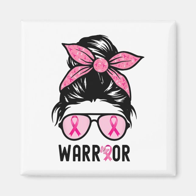 Aimant Soutien Squad Messy Bun Pink Warrior Cancer du sei (Devant)