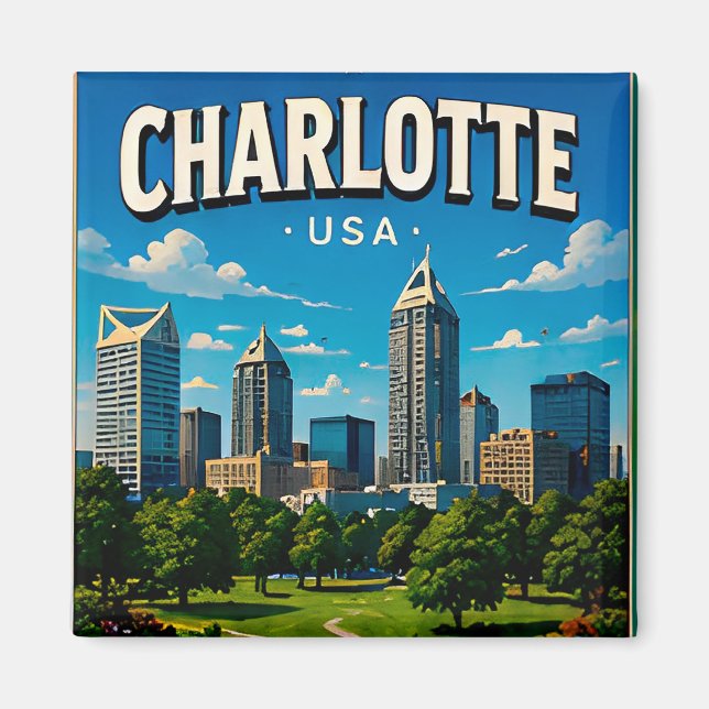 Aimant Souvenir de la skyline de Charlotte en Caroline du (Devant)