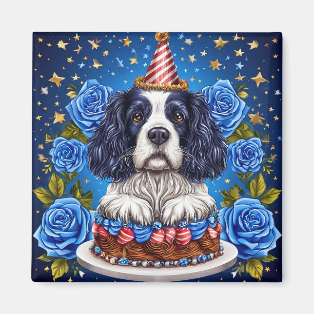 Aimant Spaniel Chien Célébrant un Anniversaire avec un Ch (Devant)