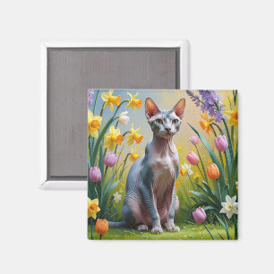 Aimant Sphynx Chat Fleurs de printemps Peinture