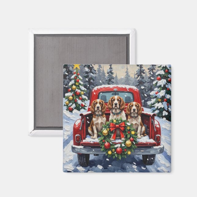 Aimant Springer Spaniel camion rouge de Noël vacances (Recto/Verso)