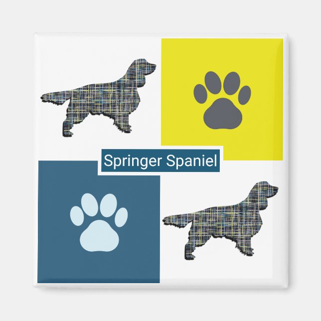 Aimant Springer Spaniel Chien Silhouette et Paw Y&B Grid (Devant)