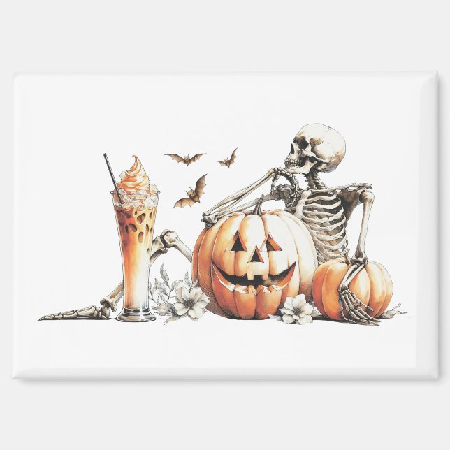 Aimant Squelette avec citrouille et boire. Halloween. (Recto)