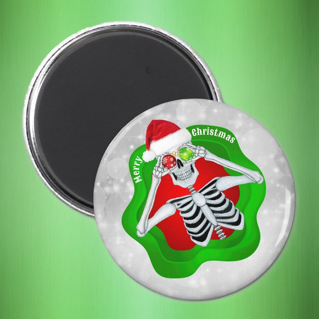Aimant Squelette de Noël Ornements Forme de plaque Cercle (Fun Skeleton ornament Eyes Santa hat white circles on Merry Christmas magnet.)