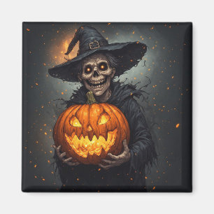 Aimant Squelette de sorcière avec citrouille lumineuse Ha