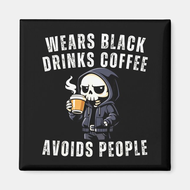 Aimant Squelette drôle porte du noir boit du café éviteFu (Devant)
