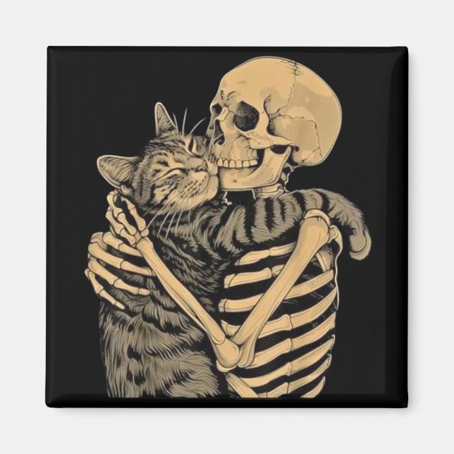 Aimant Squelette qui étreint un chat – Cadeau mignon pour (Devant)