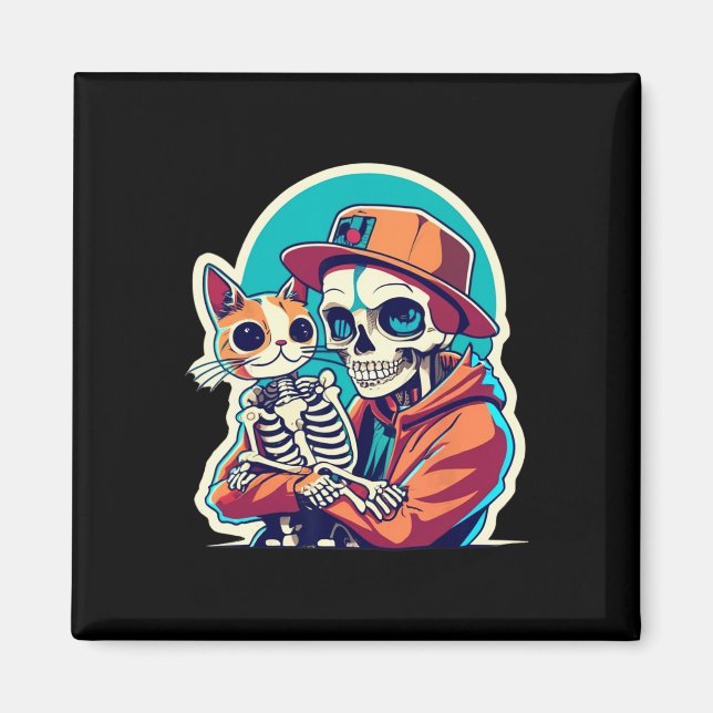 Aimant Squelette tenant une chemise de chat Lazy Hallowee (Devant)