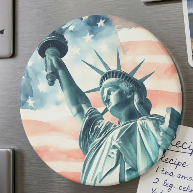 Aimant Statue de la Liberté à l'aquarelle avec drapeau am (Watercolor Statue of Liberty with American flag. Magnet)