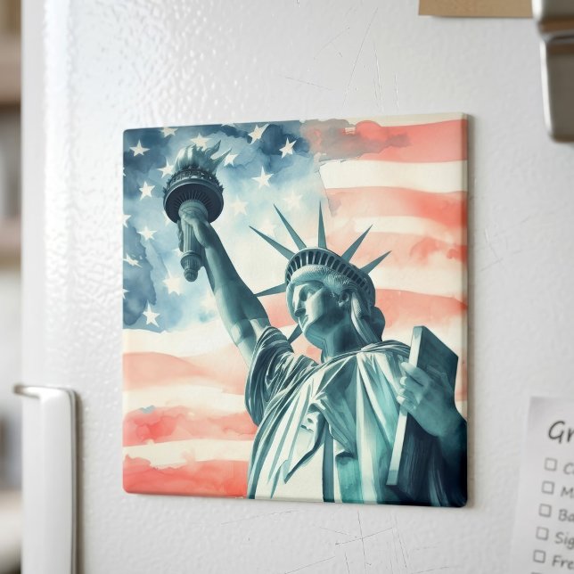Aimant Statue de la Liberté avec drapeau américain (Watercolor Statue of Liberty with American flag. Magnet)