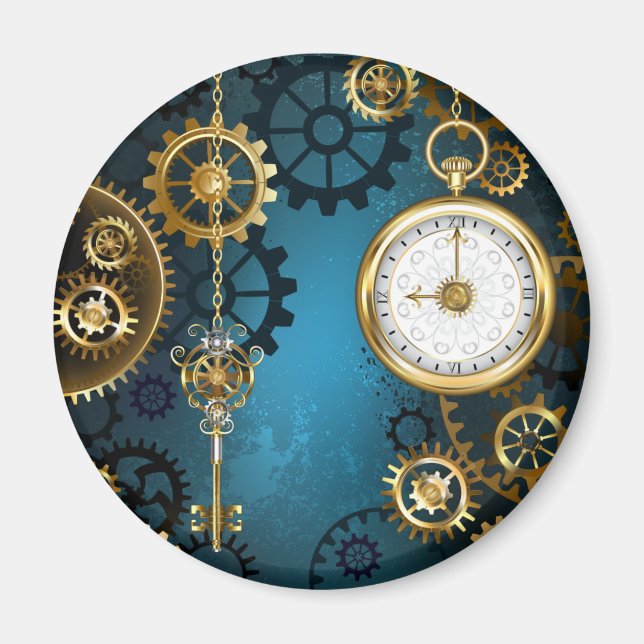 Aimant Steampunk Arrière - plan turquoise avec Gears (Devant)