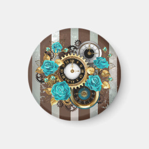 Aimant Steampunk Clock and Turquoise Roses on Striped