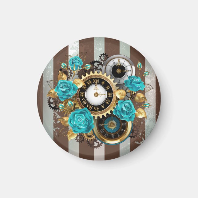 Aimant Steampunk Clock and Turquoise Roses on Striped (Devant)