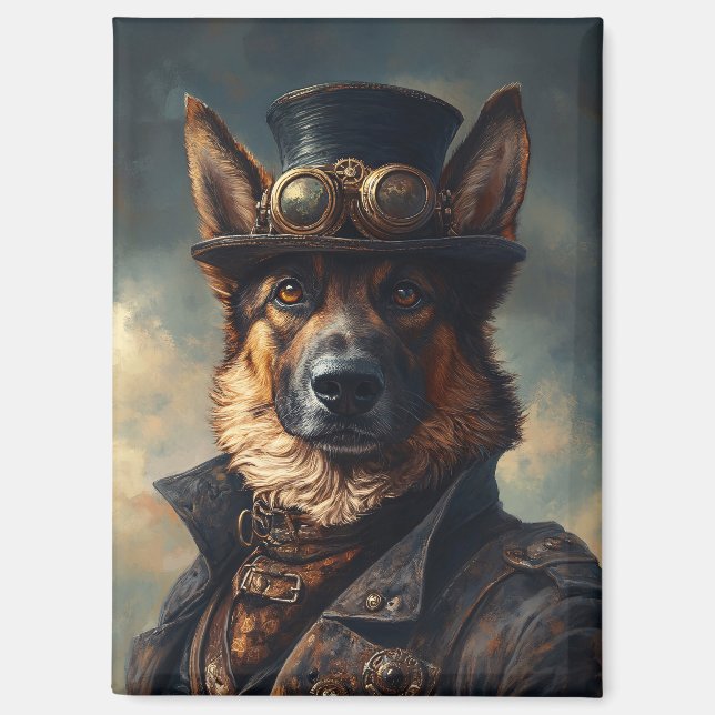 Aimant Steampunk German Shepherd Dog in Top Hat (Recto)
