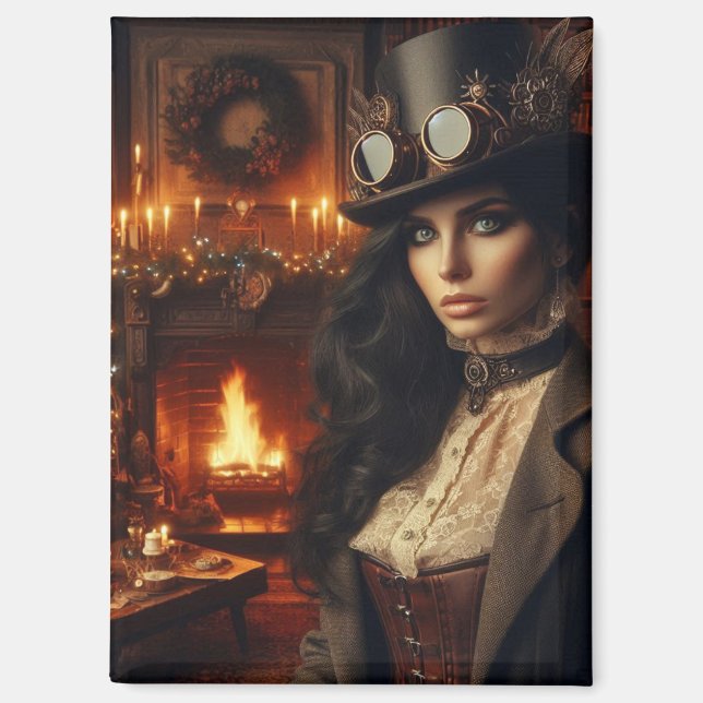 Aimant Steampunk Vintage Victorian Lady Christmas Red (Recto)