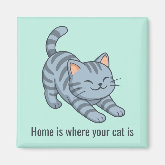 Aimant Stretching Grey Tabby Green Cat Custom Text (Devant)