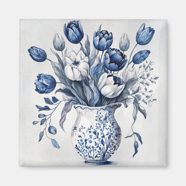 Aimant Style bleu et blanc Delft bouquet de tulipe design (Devant)
