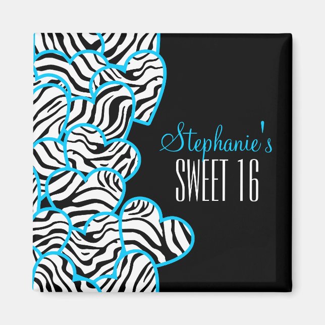 Aimant Style Blue Sweet 16 Zebra Heart Design Nom (Devant)