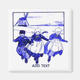 Aimant Style Delft, Enfants Hollandais Bleus Sur Des Pati