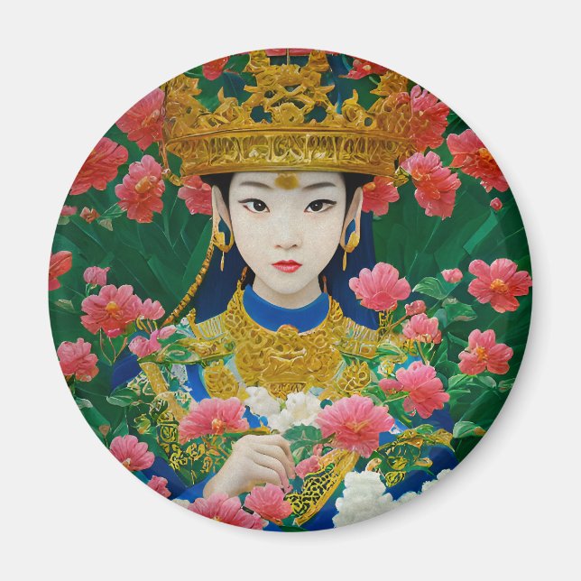 Aimant Style vintage Asiatique Abstraite fille avec fleur (Devant)