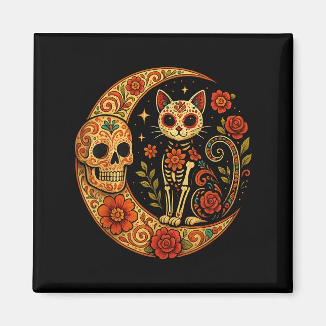 Aimant Sugar Skull Cat Moon Dia De Los Muertos Funny Hall (Devant)