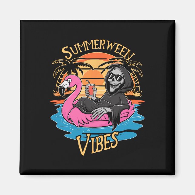 Aimant Summerween Vibes Skeleton Flamant rose Hallowee Éf (Devant)