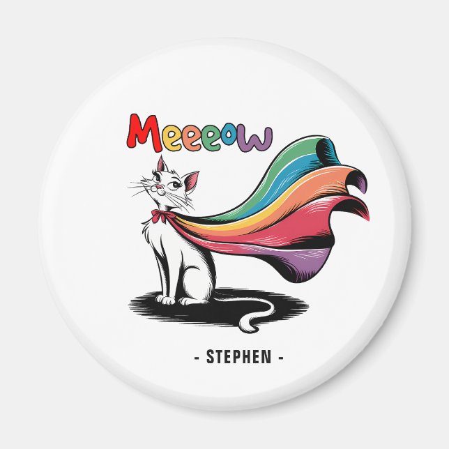 Aimant Super Cat Meeeow - Rainbow Cape Pride Cat (Devant)