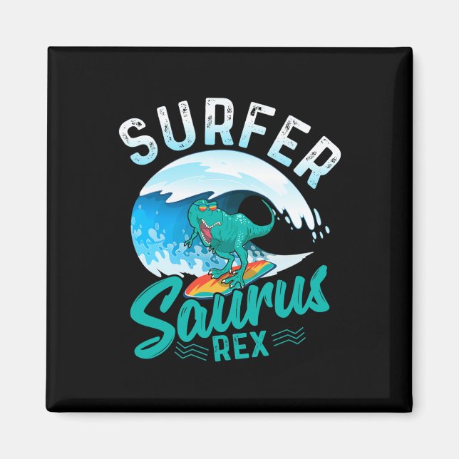 Aimant Surfeur Saurus Rex Dinosaure de Surf Dino Surfeur (Devant)