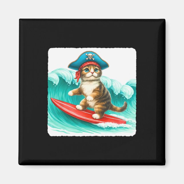 Aimant Surfing Cat With Pirate Hat On Surfboard. Waves Pl (Devant)