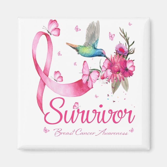 Aimant Survivant Hummingbird Ribbon Cancer du sein (Devant)