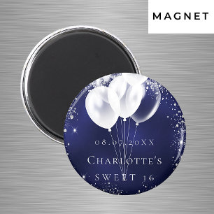 Aimant Sweet 16 bleu marine en argent ballons enregistrer