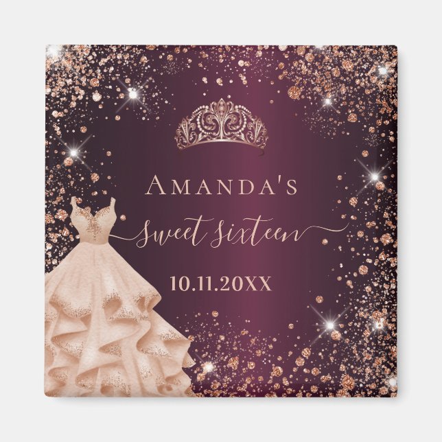 Aimant Sweet 16 rose bordeaux or tiara nom robe (Devant)